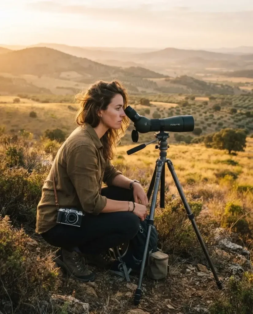 Solo traveler scanning golden dawn hills with a spotting scope while lynx watching in the Sierra de Andujar, Andalucia, Spain