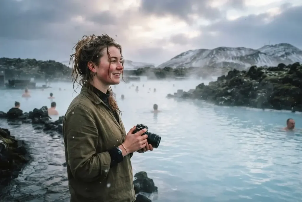 Solo female traveler in a milky-blue Icelandic geothermal lagoon surrounded by black lava rock and rising steam near Reykjavik