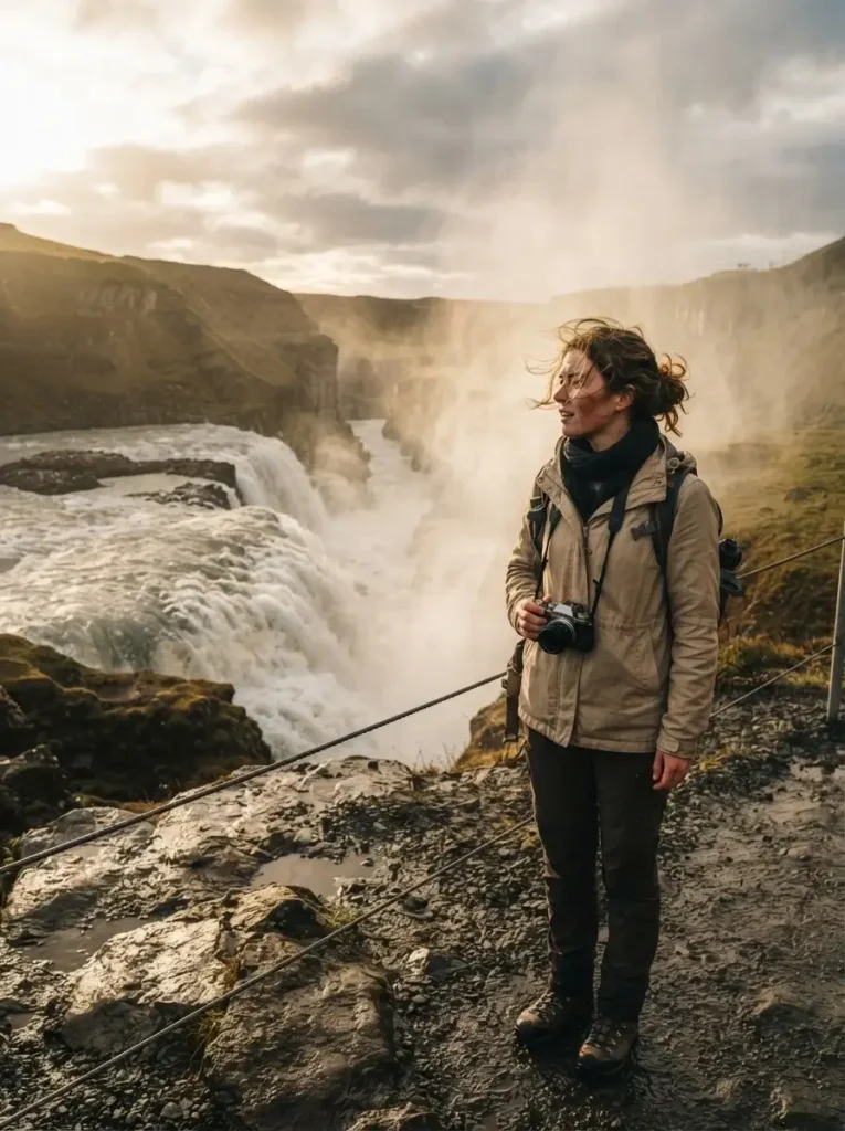 Emma Collins standing at the edge of the roaring Gullfoss waterfall in Iceland, capturing the massive scale of the golden waters and spray.