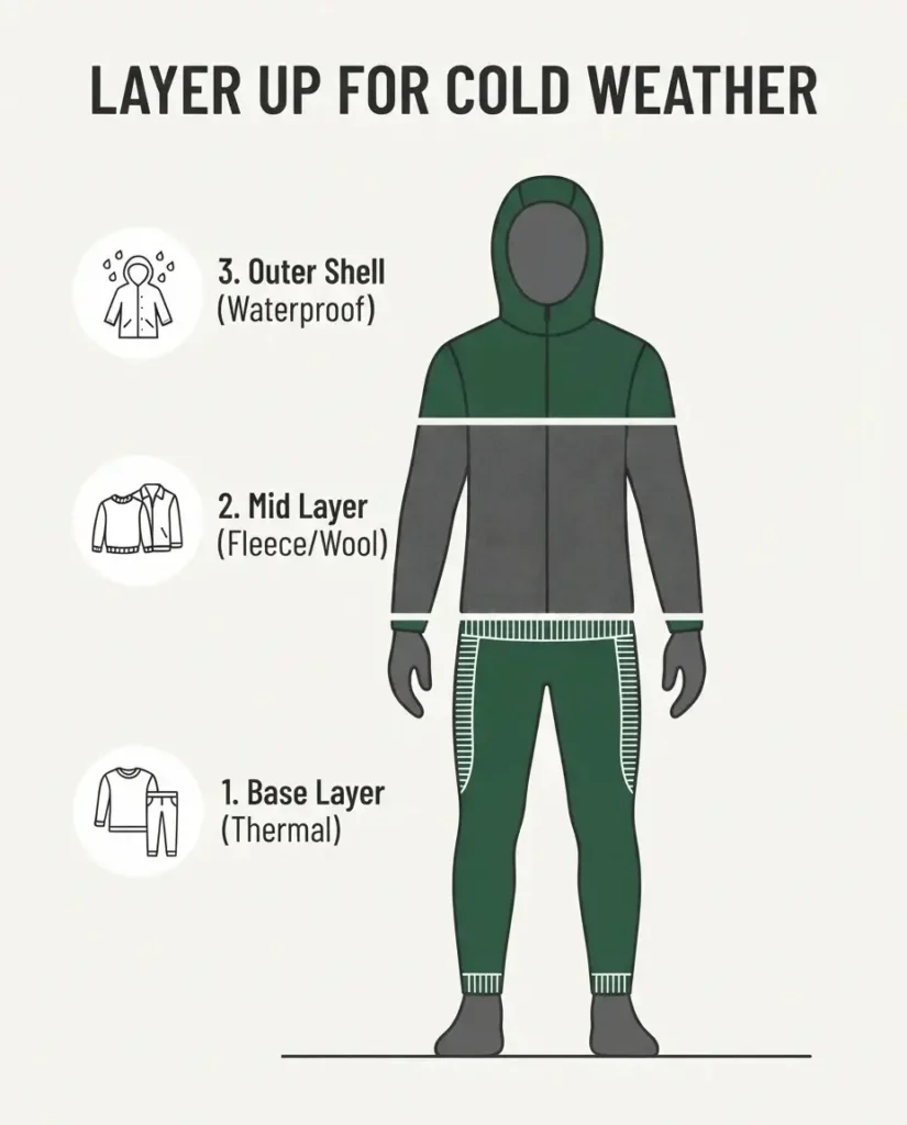 A visual step-by-step guide showing the three essential clothing layers for Iceland: Base, Mid, and Outer shell.
