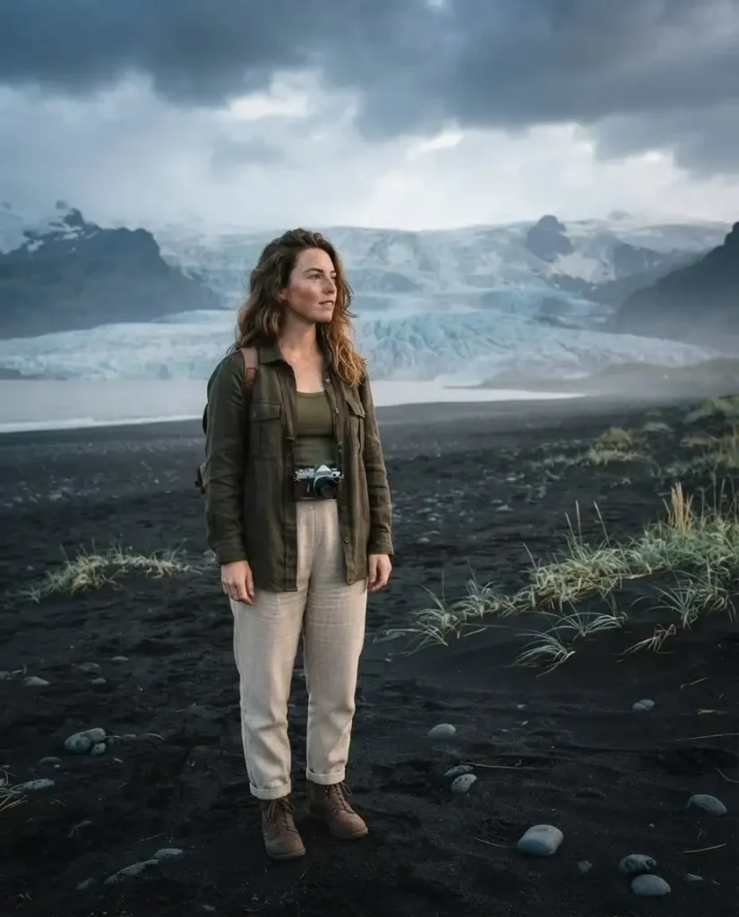 Solo traveler with natural brown hair standing on a black sand beach with a distant glacier in Iceland, capturing the scene with a mirrorless camera.