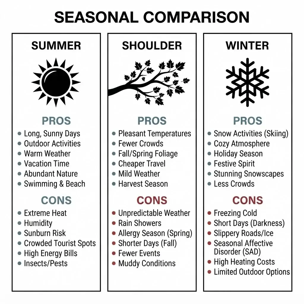 A comparison chart showing the differences between Summer, Shoulder, and Winter seasons in Iceland for travel planning.