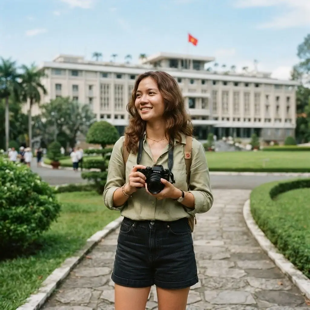 A young female traveler with a mirrorless camera exploring the historic grounds of the Independence Palace in Ho Chi Minh City.