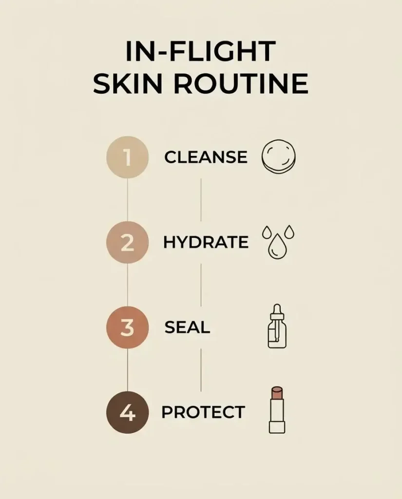 A vertical step-by-step flowchart layout outlining the four-step in-flight skincare sequence: Cleanse, Hydrate, Seal, and Protect.