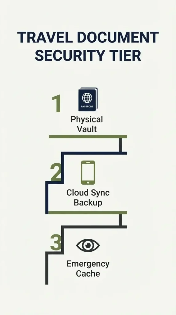 A vertical minimalist infographic titled Travel Document Security Tier showing a hierarchy of physical and digital security steps for passports, visas, and cash using clean vector icons.