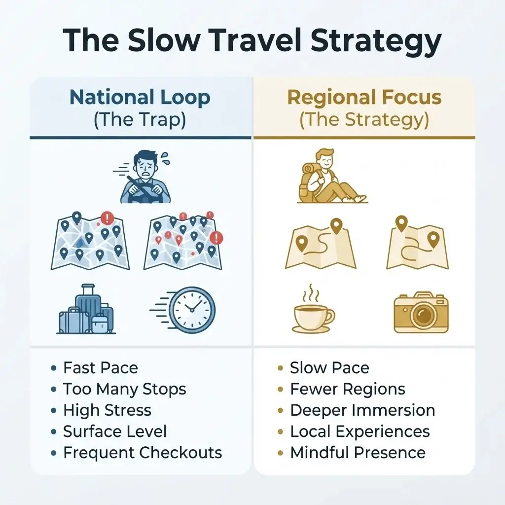 A side-by-side comparison chart illustrating the benefits of a "Slow Travel" regional itinerary versus the burnout of a "National Loop" itinerary.