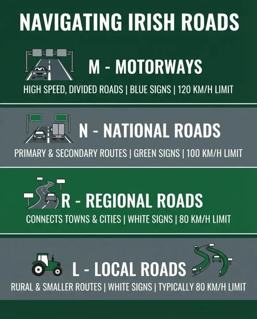A clean, vertical infographic explaining the hierarchy of Irish road types from Motorway to Local, including expected road width and driving difficulty.