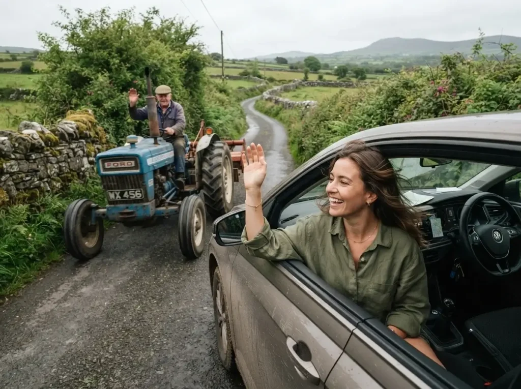 Emma Collins parked on the side of a narrow, stone-walled rural Irish road, looking calm while letting a farm tractor pass, lush green hills in the distance.