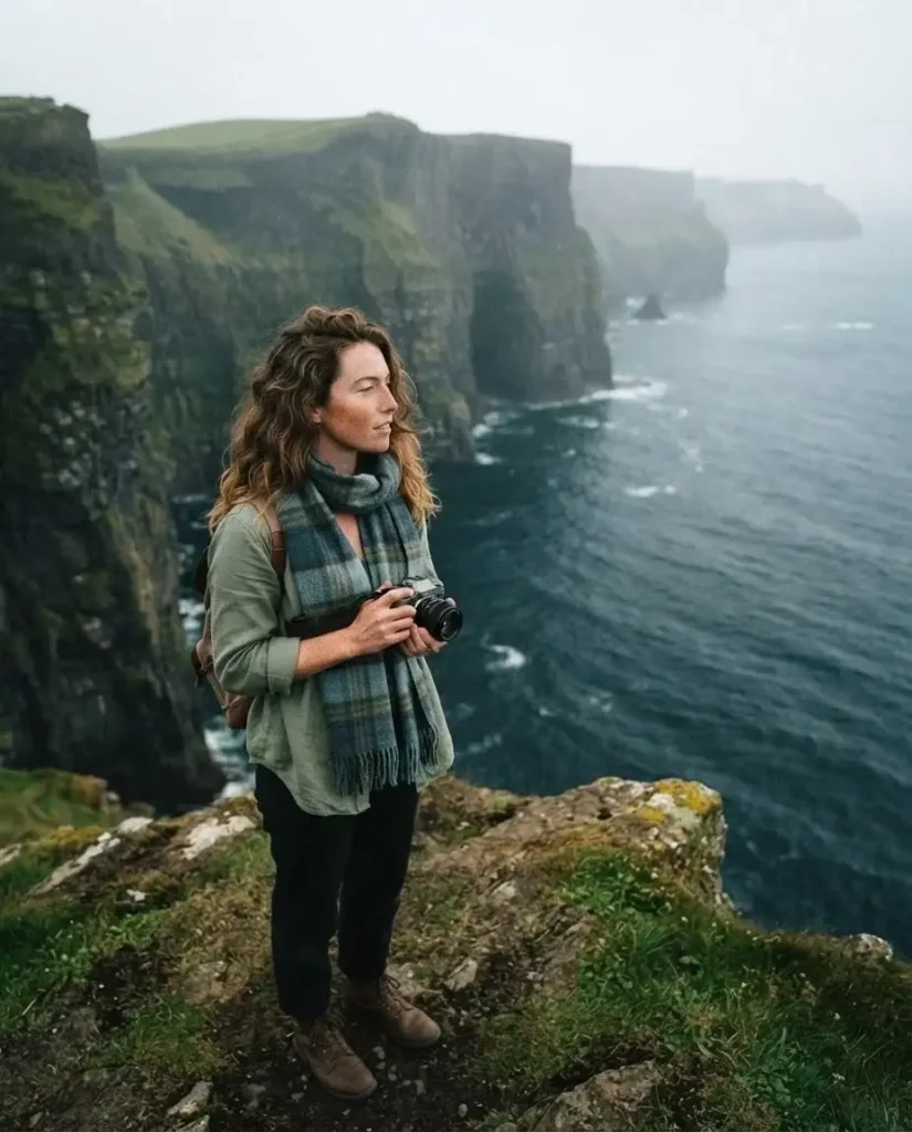 A young solo traveler in a linen jacket looking out at the rugged Atlantic Ocean coastline in Ireland, holding a mirrorless camera.