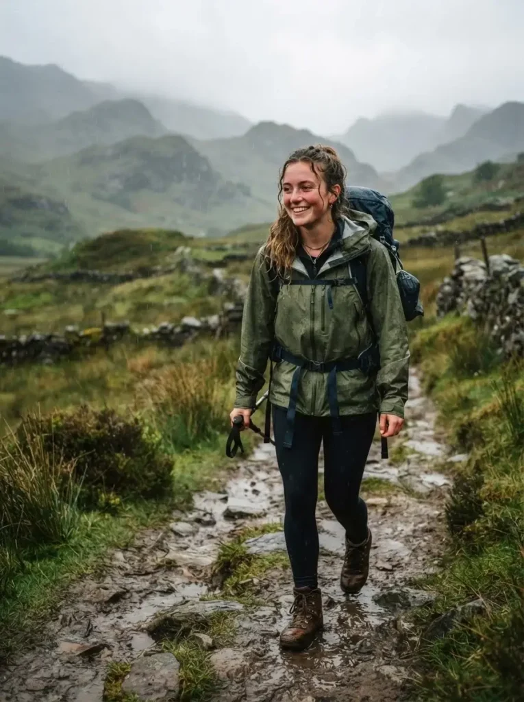 Emma Collins wearing a quality rain jacket and hiking boots, walking along a misty, moody Irish trail during a light rain shower, smiling with authentic joy.