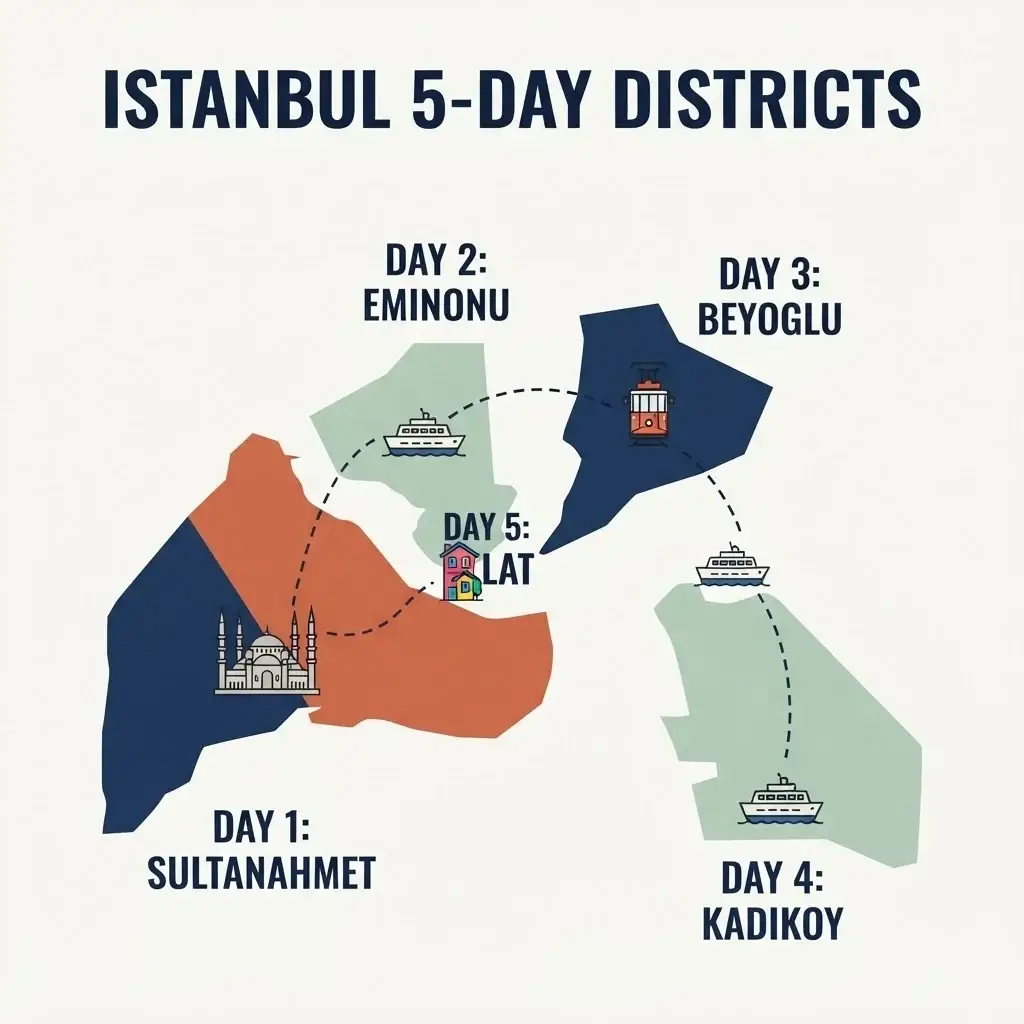 A flat vector map infographic illustrating the daily neighborhood breakdown for a 5-day Istanbul itinerary, showing Day 1 Sultanahmet, Day 2 Eminonu, Day 3 Beyoglu, Day 4 Kadikoy, and Day 5 Balat.