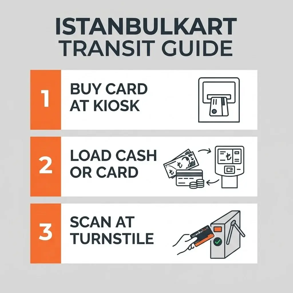 A minimalist step-by-step checklist infographic showing how to purchase, load, and use an Istanbulkart transit pass for public ferries, trams, and metro lines.
