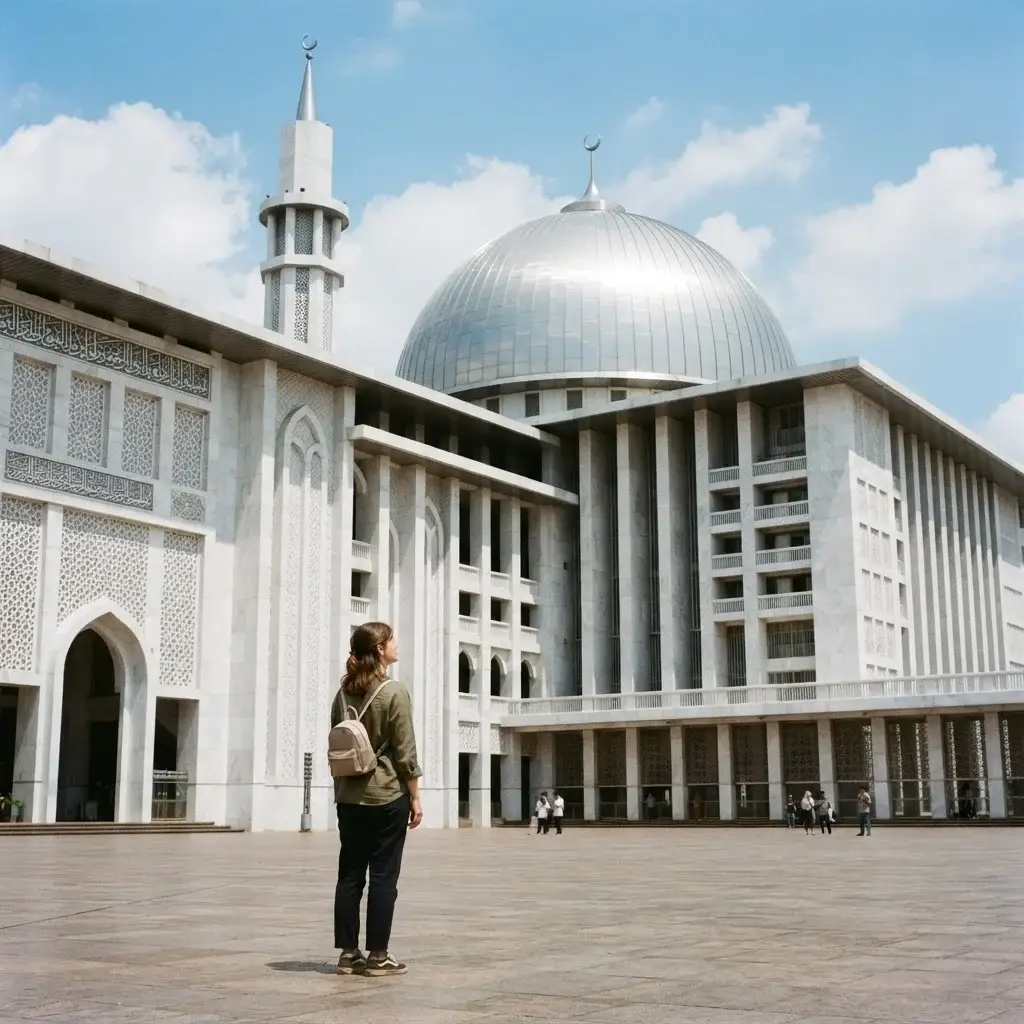 A wide, candid photograph from a respectful outdoor distance showing a female solo traveler with a mirrorless camera looking up at the grand white marble dome of Istiqlal Mosque in Central Jakarta.