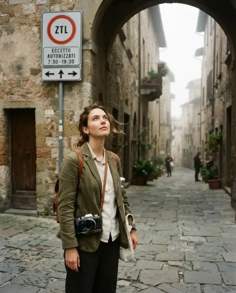 Female solo traveler observing a restricted traffic ZTL sign at the entrance to a historic Italian city center in Europe on a misty morning