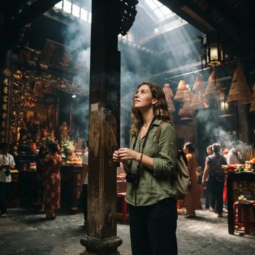 Solo female traveler standing thoughtfully in the atmospheric, incense-filled courtyard of the Jade Emperor Pagoda in Ho Chi Minh City.