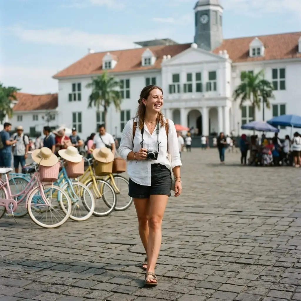 A candid eye-level shot of a female traveler with brown hair walking past vintage colorful bicycles in front of the white colonial Jakarta History Museum at Fatahillah Square, Kota Tua.