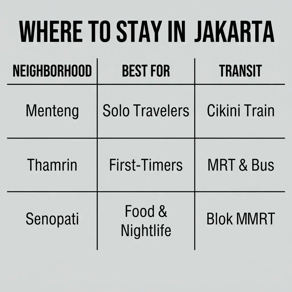 A high-contrast minimalist 1:1 matrix table comparing the three best tourist neighborhoods in Jakarta—Menteng, Thamrin, and Senopati—based on target traveler type, neighborhood vibe, and nearest transit connectivity.