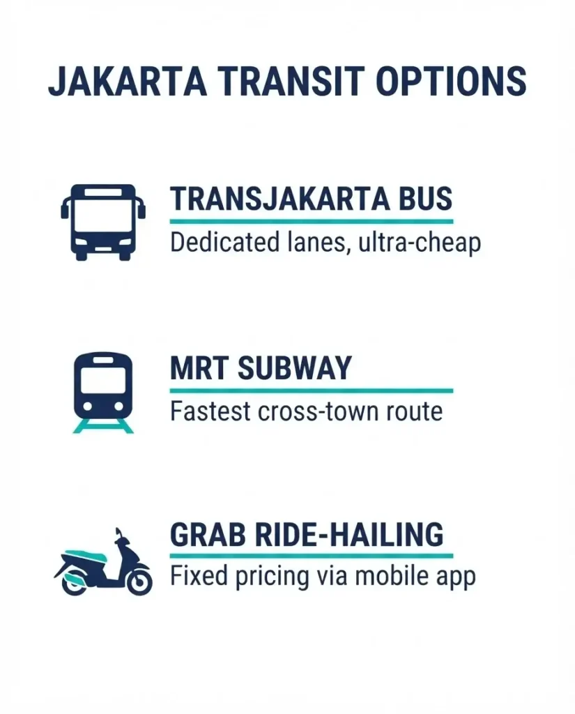 A minimalist flat vector 4:5 guide illustrating Jakarta's primary transportation options: the TransJakarta dedicated lane busway, the modern underground MRT subway, and on-demand Grab ride-hailing apps.