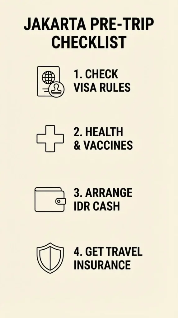 A clean, vertical flat vector infographic checklist outlining the four essential preparation steps for visiting Jakarta, including visa entry rules, CDC health advisory checks, Indonesian Rupiah cash management, and travel insurance.