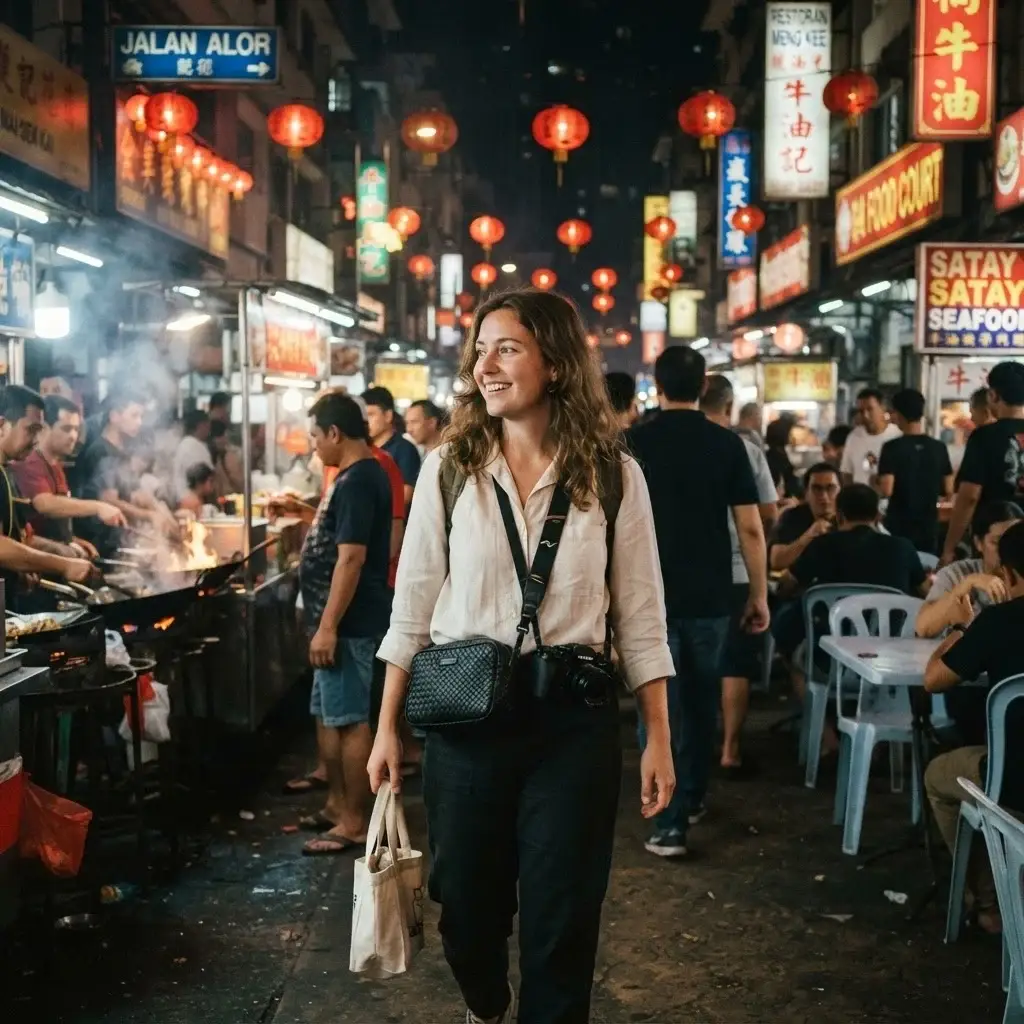 A candid eye-level shot of a female traveler walking through the vibrant Jalan Alor night food market in Bukit Bintang, Kuala Lumpur, surrounded by glowing red lanterns and steaming street food stalls.