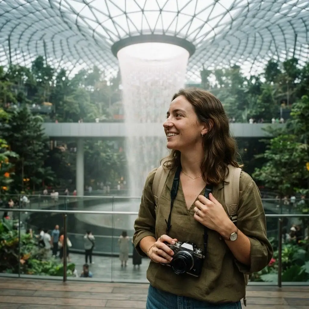 A candid eye-level photograph of a female solo traveler with natural brown hair and a linen top holding a mirrorless camera as she stands before the massive indoor waterfall at Jewel Changi in Singapore.