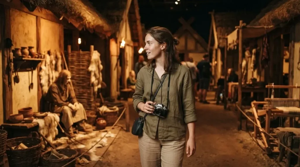 Solo traveler exploring the reconstructed Viking street inside JORVIK Viking Centre in York, England, warm interior lighting