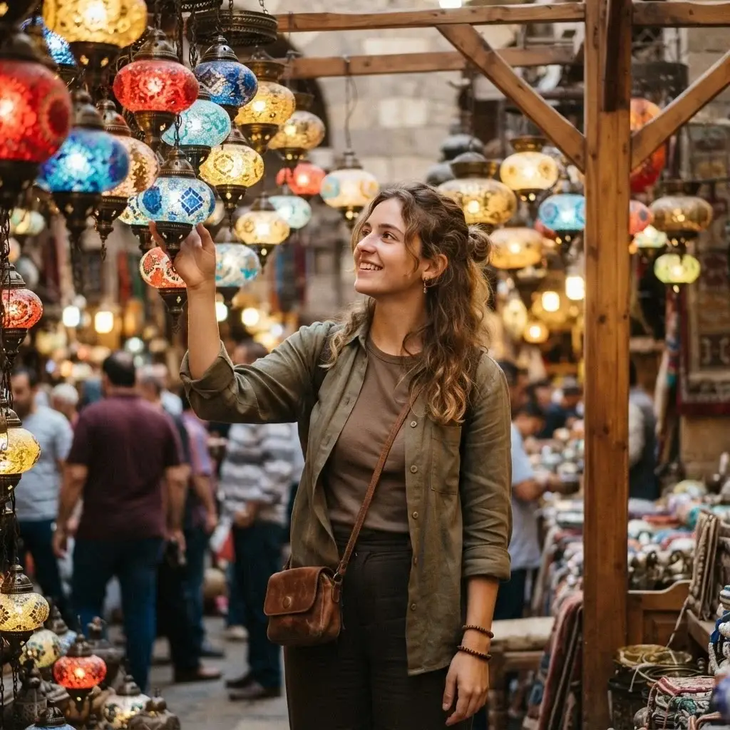 A solo traveler browsing a stall of colorful traditional glass lanterns in the busy Khan el-Khalili market in Cairo.