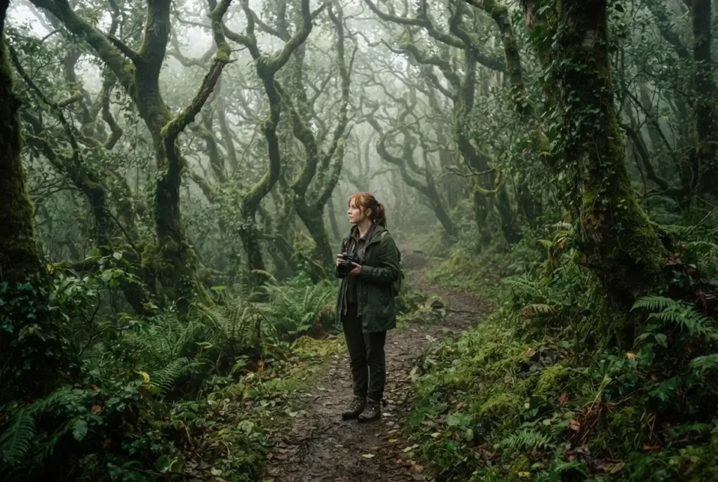 Misty ancient oak woodland covered in moss and ferns in Killarney National Park, Ireland, with a solo hiker on a quiet trail