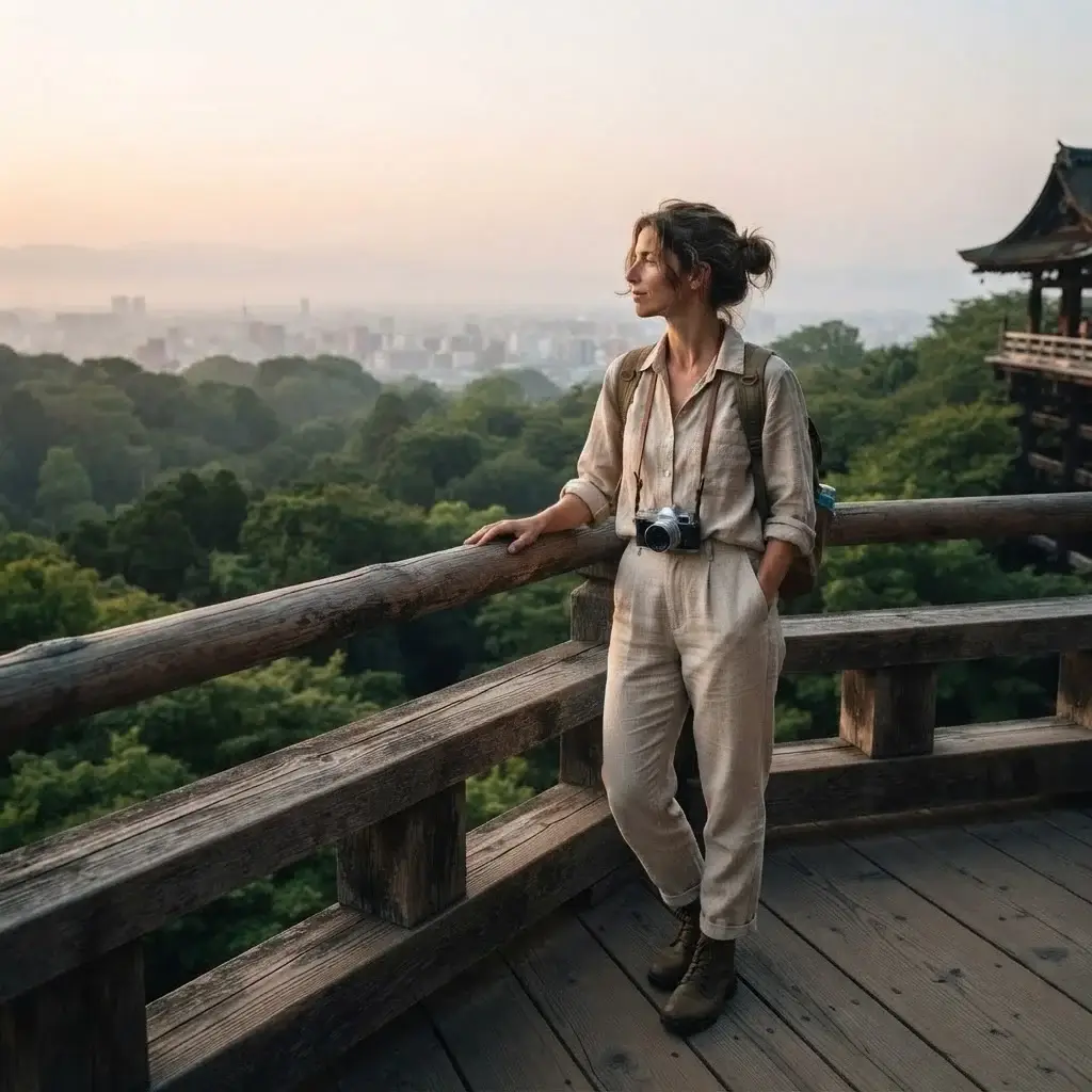 A candid eye-level photograph of a female solo traveler with brown hair in linen clothes looking out over Kyoto from the historic wooden stage of Kiyomizu-dera Temple during a clear morning sunrise.