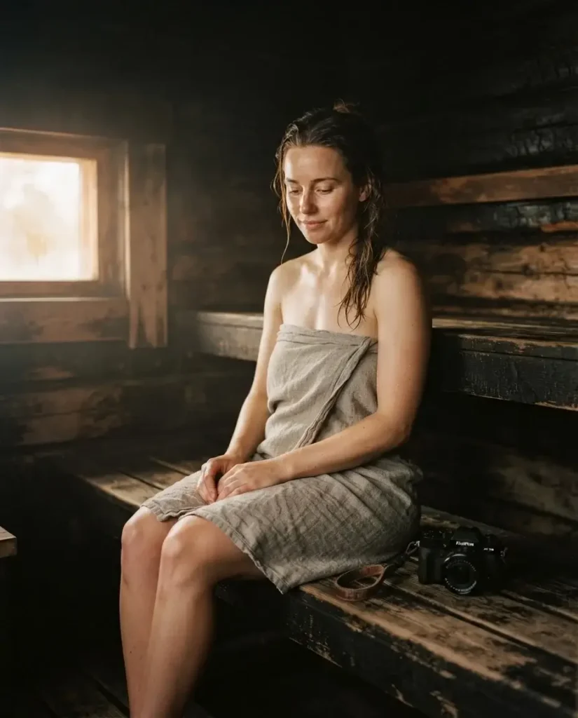 Solo female traveler relaxing on plain wooden benches inside a traditional public wood-fired sauna in Helsinki, Finland