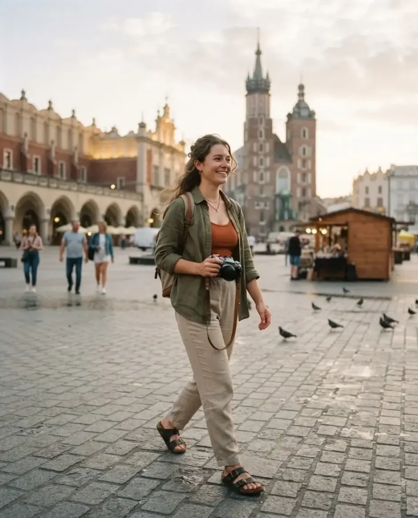 Female solo traveler with a mirrorless camera crossing the Main Market Square (Rynek Glowny) in Krakow, Poland, near the Cloth Hall in soft morning light