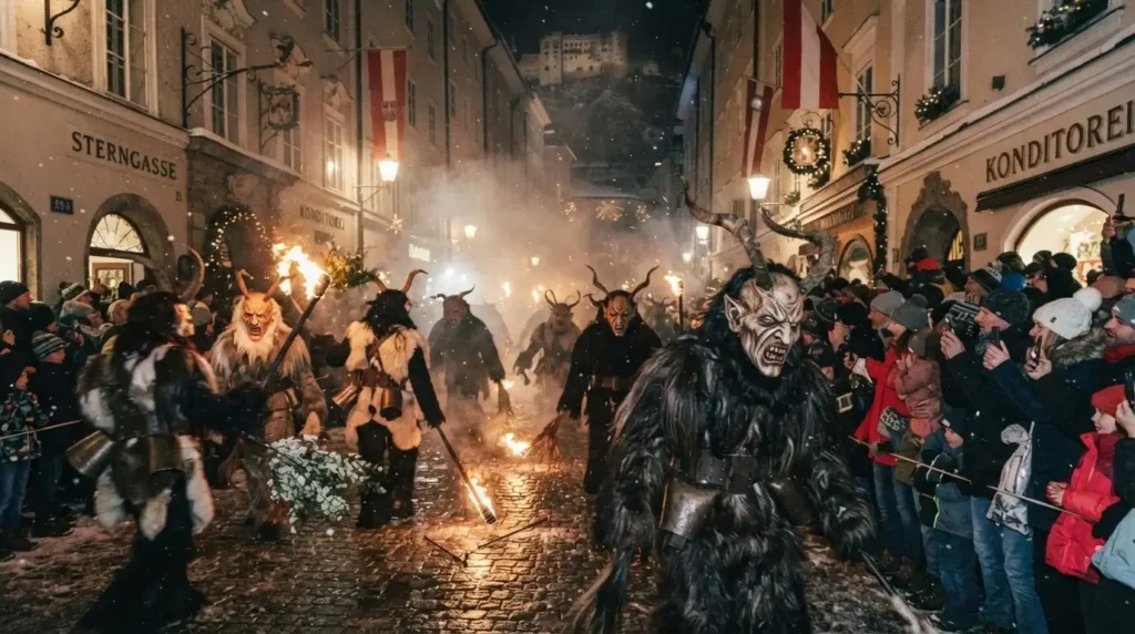 Horned Krampus figures in hand-carved wooden masks parading through the snowy Old Town at night, Salzburg, Austria