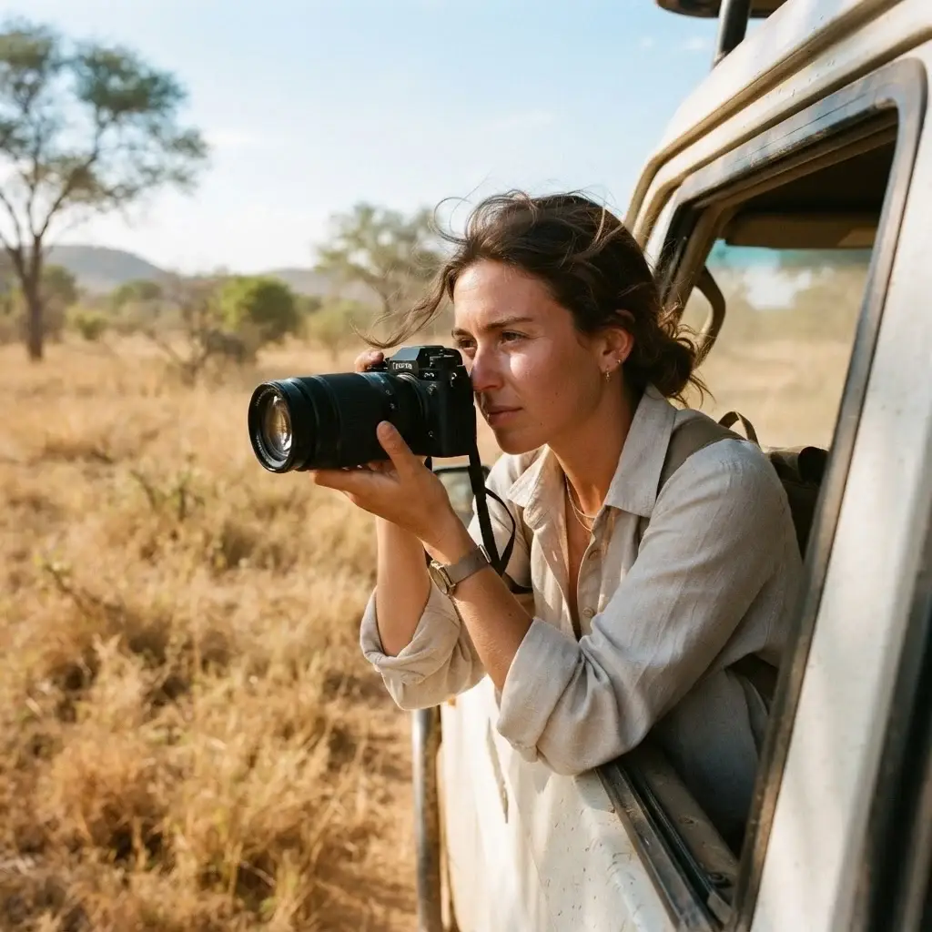 Young female traveler in a rental car at Kruger National Park gate, holding a mirrorless camera, observing African wildlife, adventure travel.