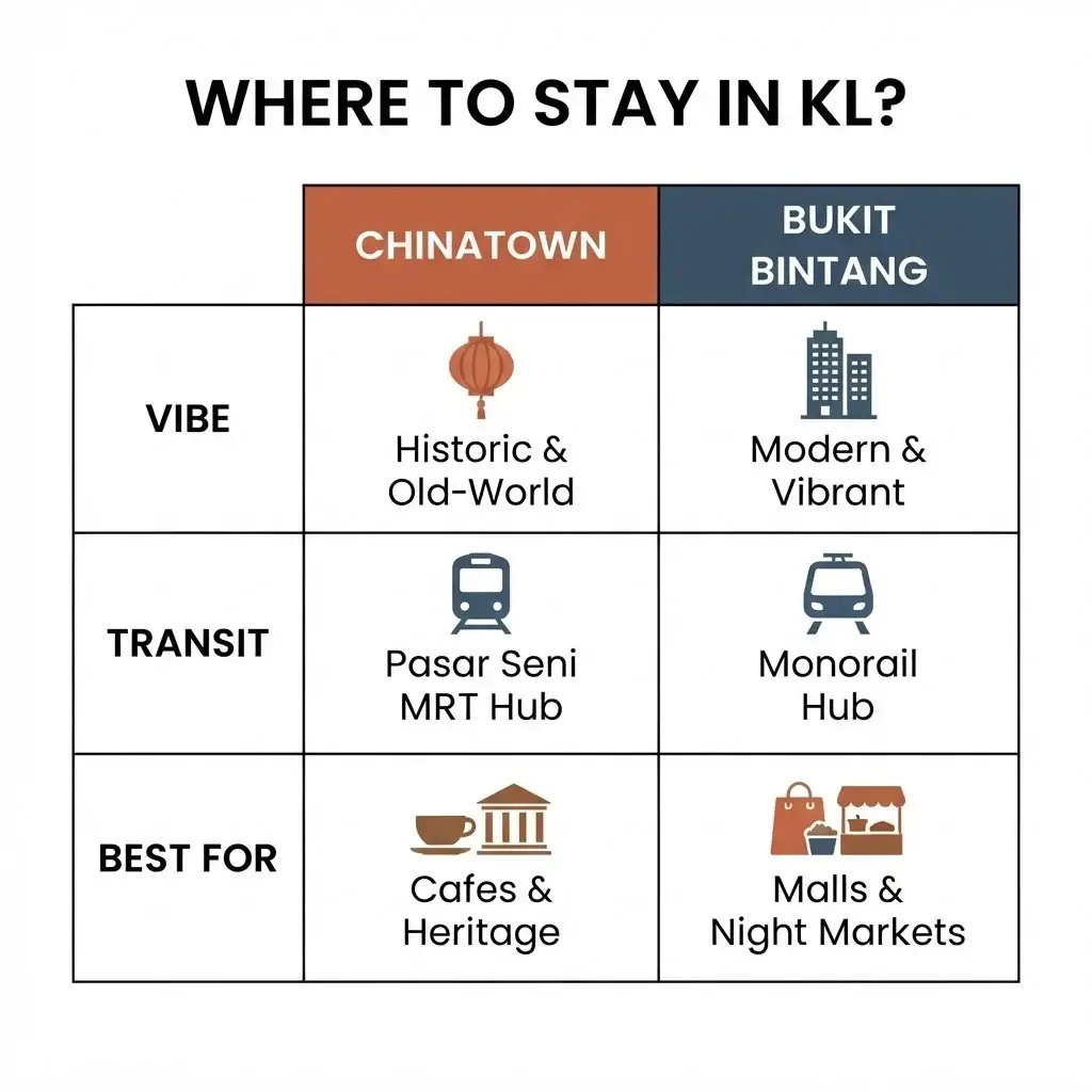 A clean flat-vector comparison matrix showcasing Chinatown versus Bukit Bintang across categories like transit connectivity, primary vibe, and best food styles.