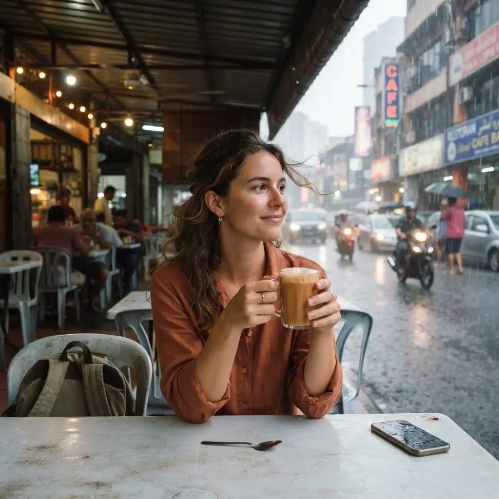 A female traveler with natural brown hair sitting at an open-air cafe table in Kuala Lumpur during a sudden tropical downpour, holding a warm glass of frothy Teh Tarik tea.
