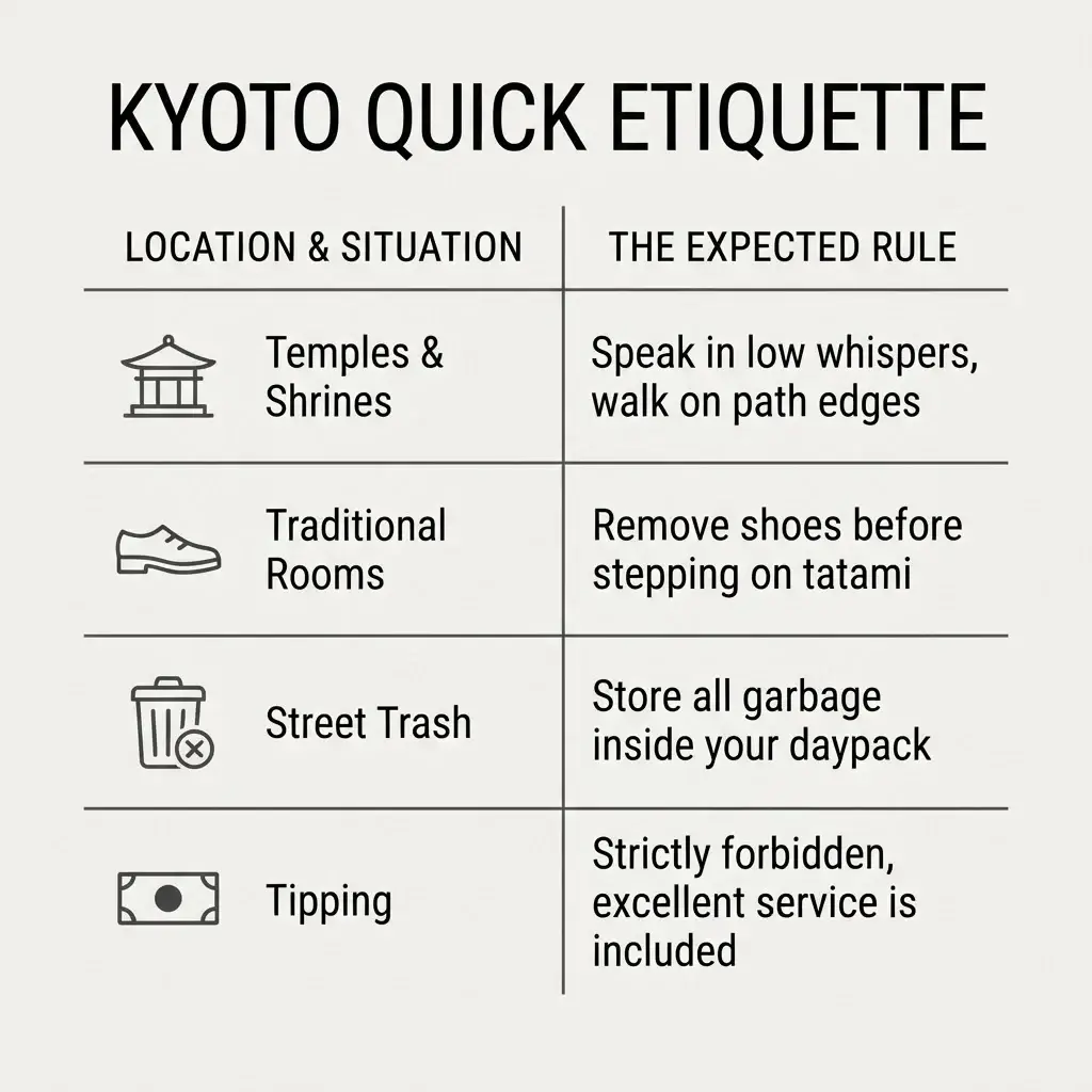 A premium flat 1:1 square vector infographic table titled 'Kyoto Quick Etiquette' displaying behavioral guidelines for temples, shrines, traditional rooms, street trash, and tipping using high-contrast typography and clear minimalist icons.