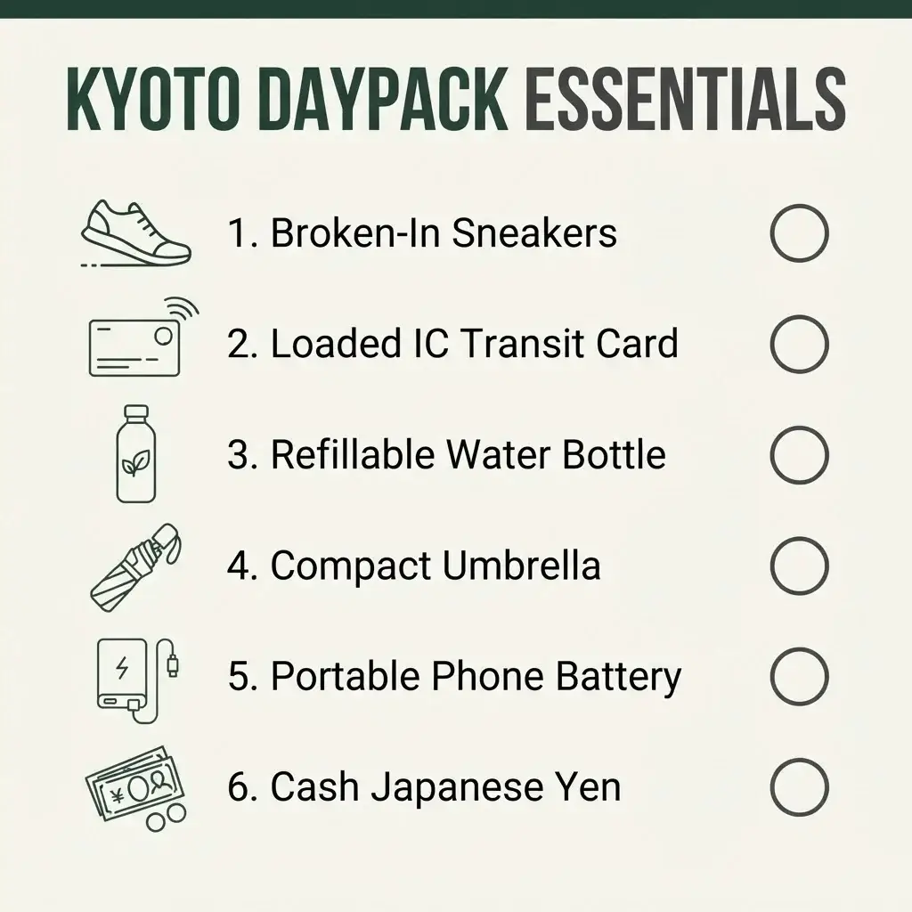 A minimalist 9:16 vertical infographic checklist titled 'Kyoto Daypack Essentials' featuring flat vector icons for a water bottle, IC card, compact umbrella, portable charger, cash yen, and walking shoes on a clean, light cream background.