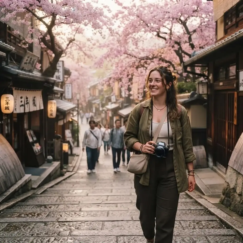 A solo traveler with a camera walking down the historic stone-paved Sannenzaka street in Kyoto surrounded by traditional wooden shops.