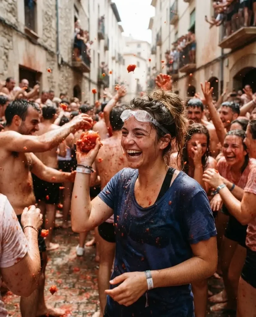 Crowds covered in tomato pulp during the La Tomatina tomato fight in the streets of Bunol near Valencia, Spain