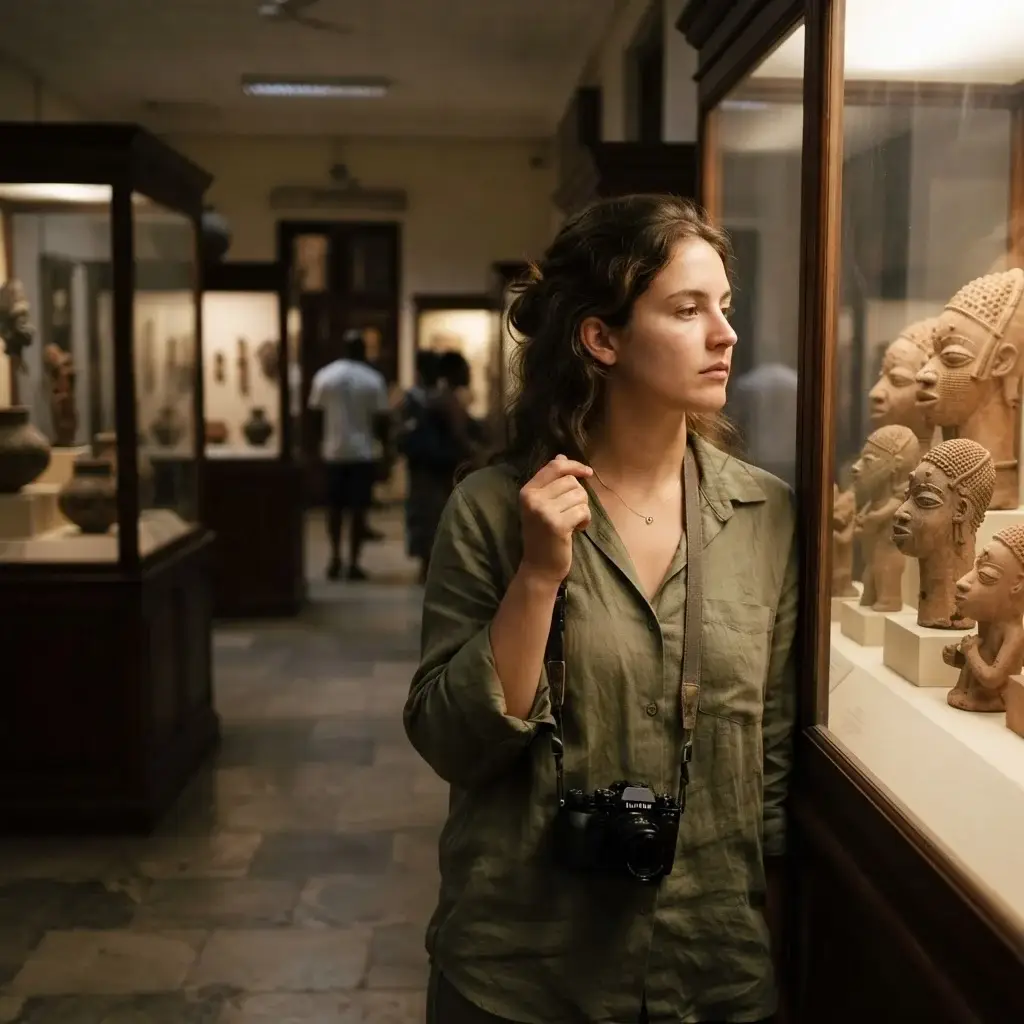 A solo traveler with a mirrorless camera observing ancient Nigerian artifacts and Benin bronzes inside the Nigerian National Museum in Lagos, with soft interior gallery lighting.
