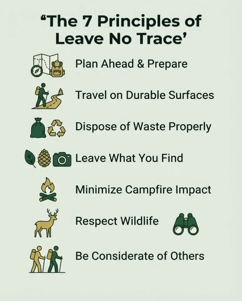 Flat vector infographic listing the seven Leave No Trace principles for low-impact nature travel in Europe