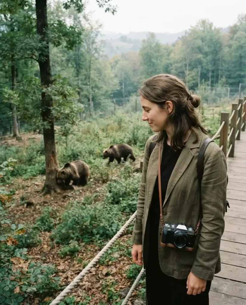 Rescued brown bears roaming an oak forest seen from a raised walkway at Libearty Bear Sanctuary near Zarnesti, Transylvania, Romania