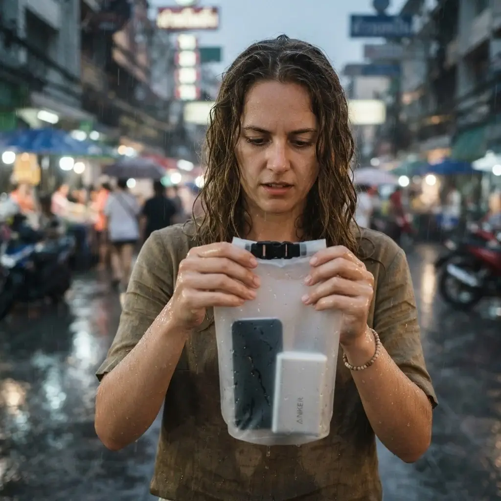 A candid shot of a female solo traveler holding a compact silicone dry bag containing a smartphone and power bank while a sudden tropical rainstorm blurs the background street of a Southeast Asian town.