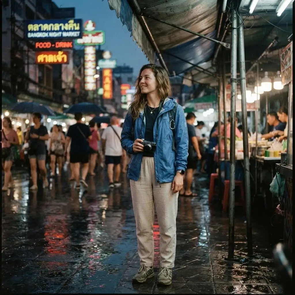 A female solo traveler with brown hair adjustments the hood of her packable blue waterproof travel jacket during a sudden tropical rain shower in a bustling Bangkok street market.