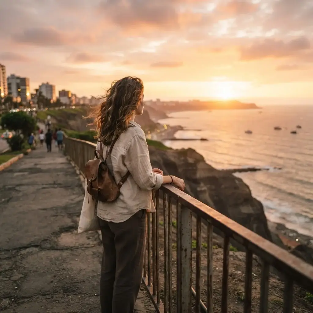 A solo female traveler standing at the Malecón in Miraflores, Lima, overlooking the Pacific Ocean at golden hour.