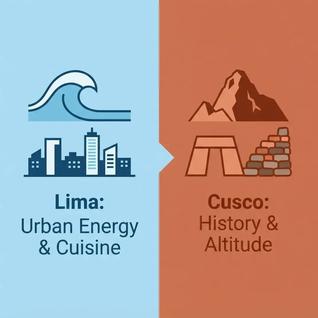 A side-by-side comparison infographic showing the vibe and focus of Lima versus Cusco, using minimalist icons for coastal vs. mountain destinations.