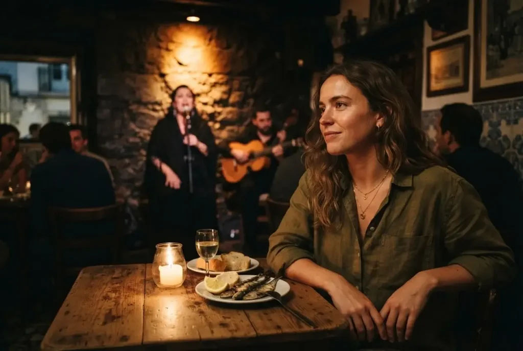 Intimate Fado music evening in a small Alfama fado house in Lisbon, Portugal with a solo traveler listening