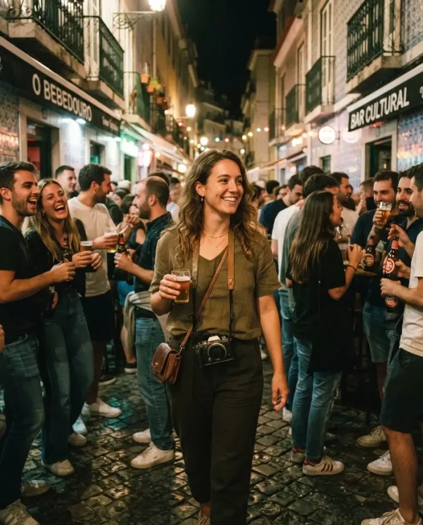 Crowd spilling into narrow cobbled streets with drinks at night in Bairro Alto, Lisbon nightlife district