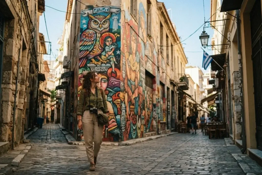 Female traveler photographing large recycled-material street art at LX Factory in Alcantara, Lisbon, Portugal