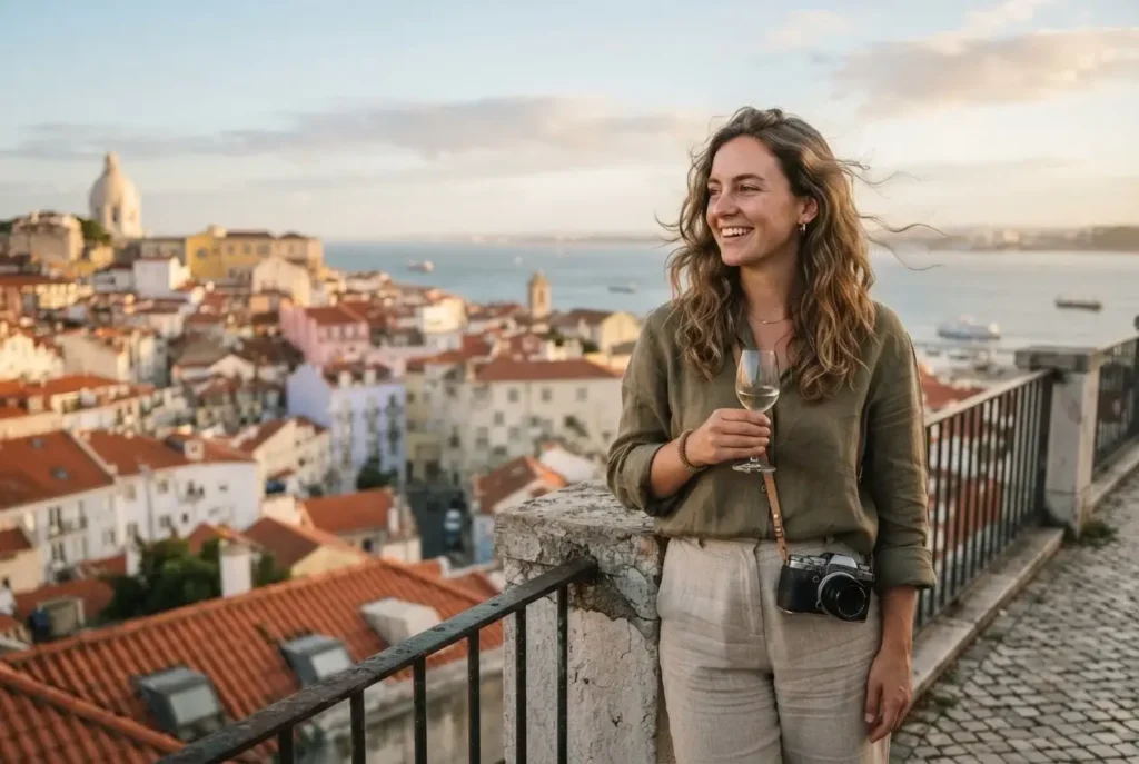 Solo female traveler at a Lisbon miradouro viewpoint overlooking terracotta rooftops and the Tagus River at golden hour, Portugal